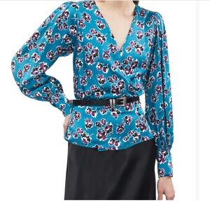 The Kooples Floral V-Neck Blouse - Blue and Pink